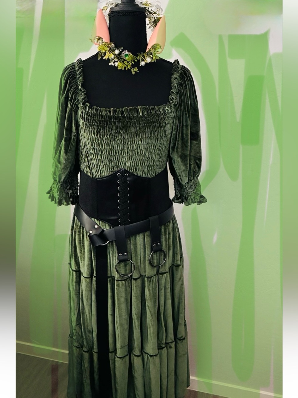 Beautiful Elfin Warrior Princess attire in crushed deep forest green.